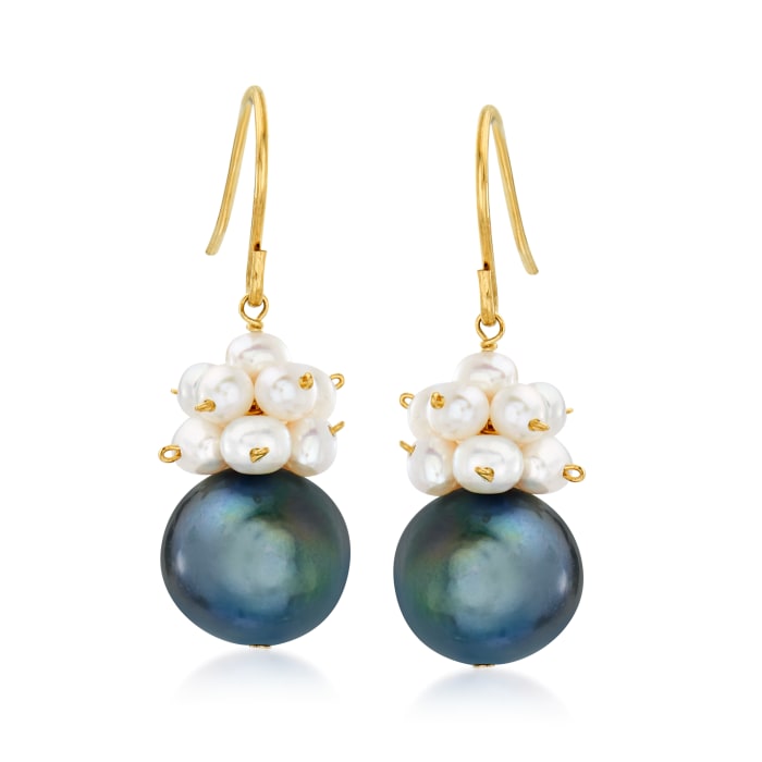 3-10.5mm Black and White Cultured Pearl Drop Earrings in 14kt Yellow Gold