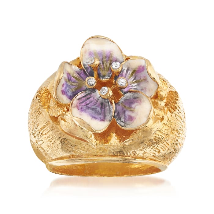 Italian Enamel and CZ Flower Ring in 18kt Yellow Gold Over Sterling Silver