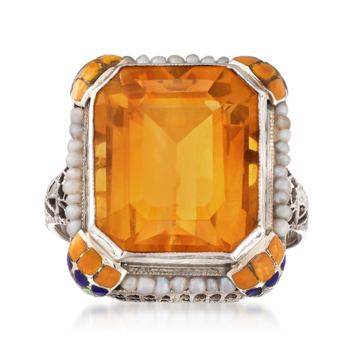 C. 1950 Vintage 8.50 Carat Citrine Ring with Seed Pearls and Multicolored Enamel in 10kt White Gold