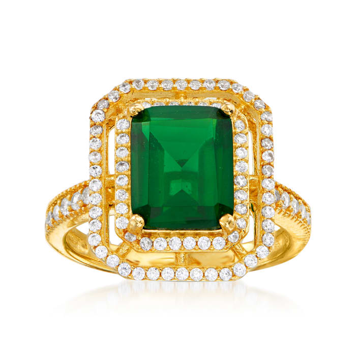 4.25 Carat Simulated Emerald and .40 ct. t.w. CZ Ring in 18kt Gold Over Sterling