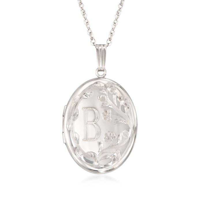 Sterling Silver Floral Single Initial Oval Locket Pendant Necklace