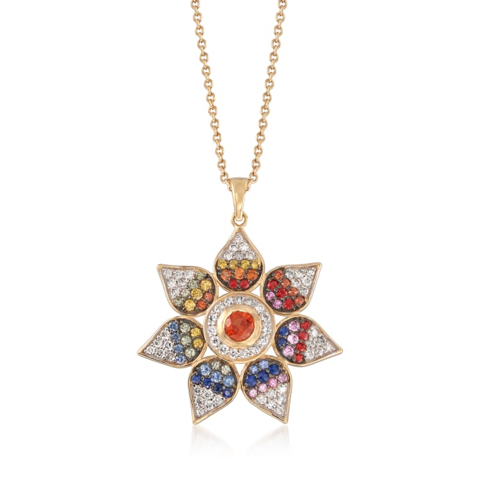 2.50 ct. t.w. Multicolored Sapphire and .77 ct. t.w. Diamond Pendant Necklace in 14kt Yellow Gold