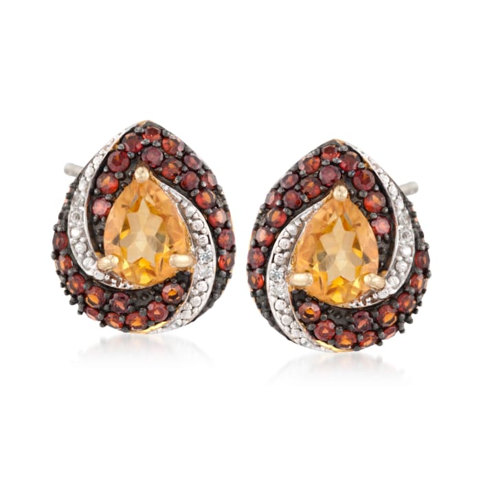 2.30 ct. t.w. Citrine and 1.20 ct. t.w. Garnet Earrings with Diamonds in 18kt Gold Over Sterling