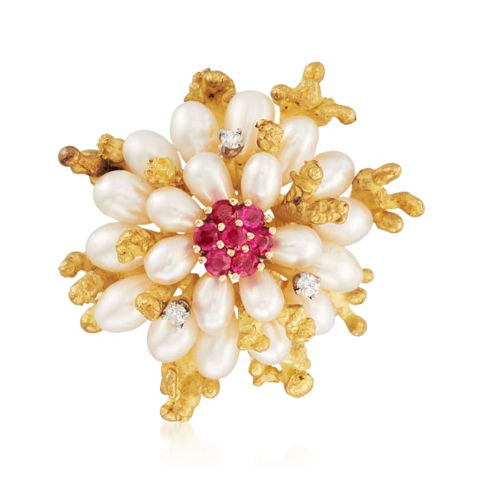 C. 1980 Vintage Cultured Pearl and .65 ct. t.w. Ruby and Diamond Pin in 18kt Yellow Gold
