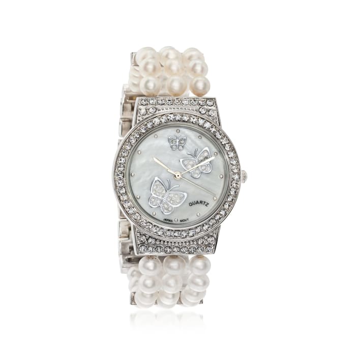 Women's 5.5-6mm Cultured Pearl and Crystal Butterfly Watch in Silvertone