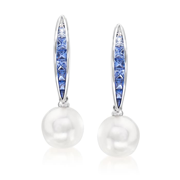 Mikimoto &quot;Ocean&quot; 8mm A+ Akoya Pearl and .90 ct. t.w. Sapphire Drop Earrings in 18kt White Gold