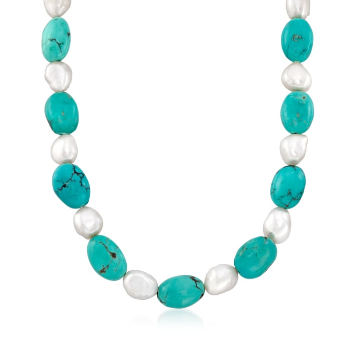 11-12mm Cultured Pearl and Turquoise Bead Necklace with Sterling Silver