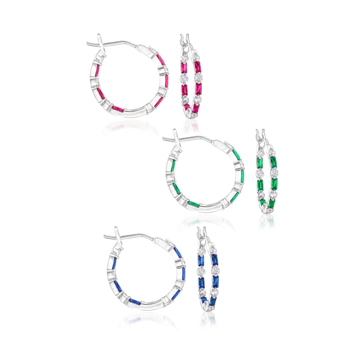 1.20 ct. t.w. CZ and 1.20 ct. t.w. Multi-Gemstone Jewelry Set: Three Pairs of Hoop Earrings in Sterling Silver