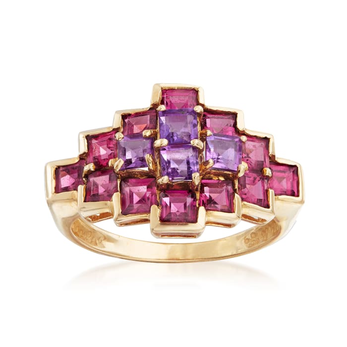 C. 1990 Vintage 2.20 ct. t.w. Rhodolite and .65 ct. t.w. Amethyst Ring in 10kt Yellow Gold