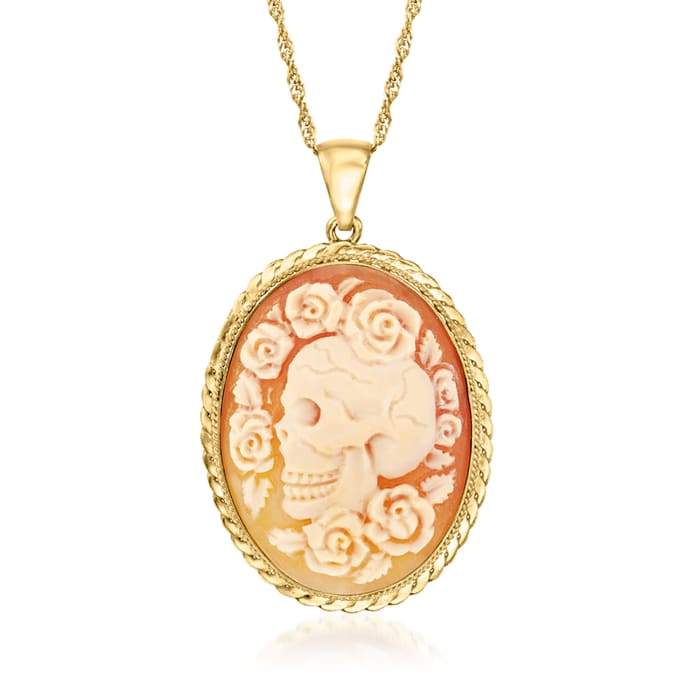 Italian Orange Shell Floral Skull Cameo Pendant Necklace in 18kt Gold Over Sterling