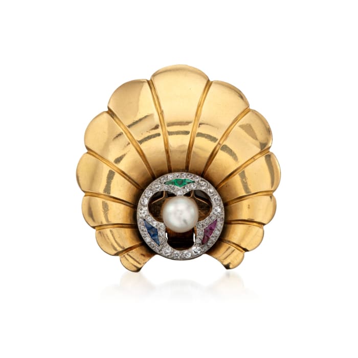 C. 1940 Vintage Tiffany Jewelry Cultured Pearl and Diamond Clip Pin with Multi-Stones in 14kt Yellow Gold