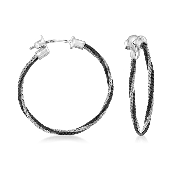ALOR &quot;Classique&quot; Gray & Black Stainless Steel Cable Hoop Earrings with 18kt White Gold
