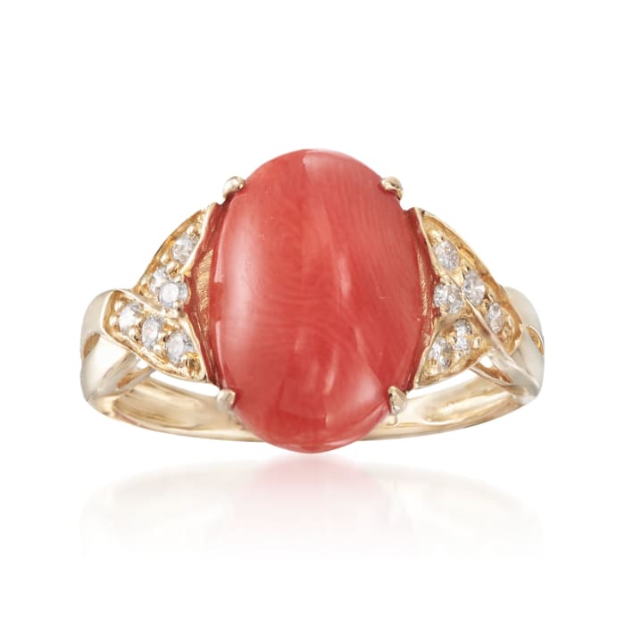 Coral and .19 ct. t.w. Diamond Ring in 18kt Yellow Gold