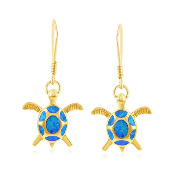 Blue Synthetic Opal Sea Turtle Drop Earrings in 18kt Gold Over Sterling
