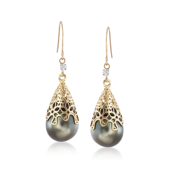 11-12mm Black Cultured Tahitian Pearl Drop Earring with Diamonds in 14kt Yellow Gold