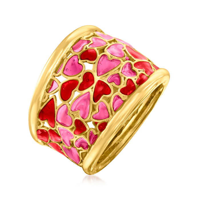 Italian Red and Pink Enamel Heart Ring in 18kt Gold Over Sterling | Ross-Simons