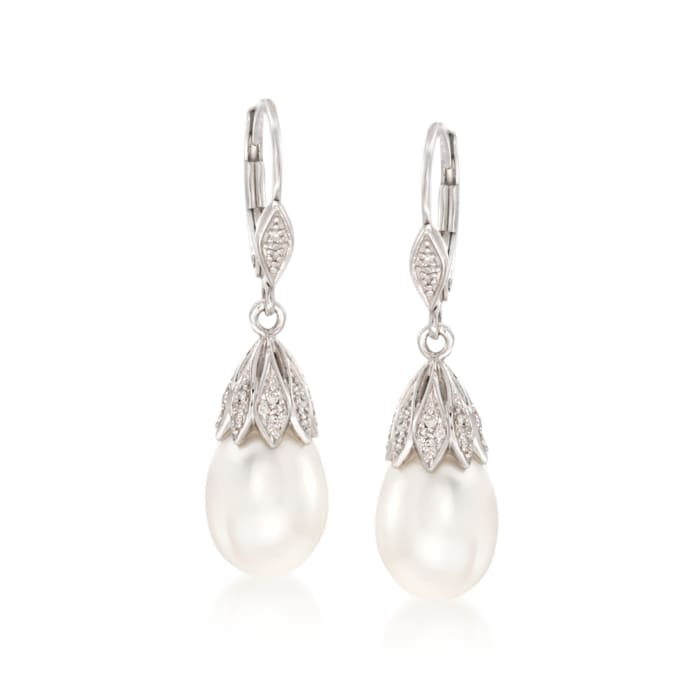 9-9.5mm Cultured Pearl and .10 ct. t.w. Diamond Drop Earrings in Sterling Silver