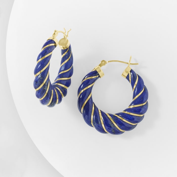 Carved Lapis Hoop Earrings with 14kt Yellow Gold. 1 1/8