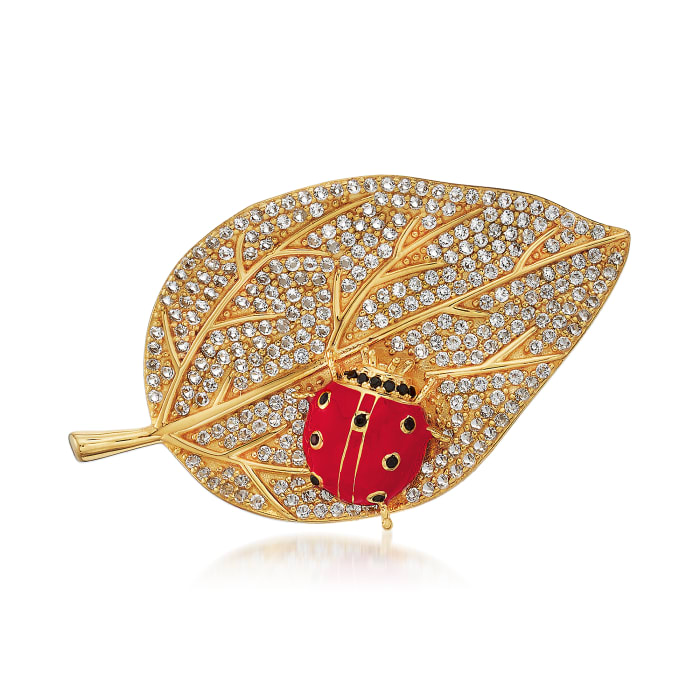 4.90 ct. t.w. White Topaz and Red Enamel Ladybug Leaf Pin with Black Spinel in 18kt Gold Over Sterling