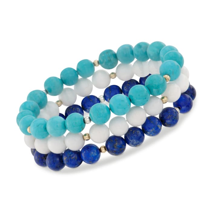 8mm Blue and White Multi-Stone Bead Jewelry Set: Three Stretch Bracelets