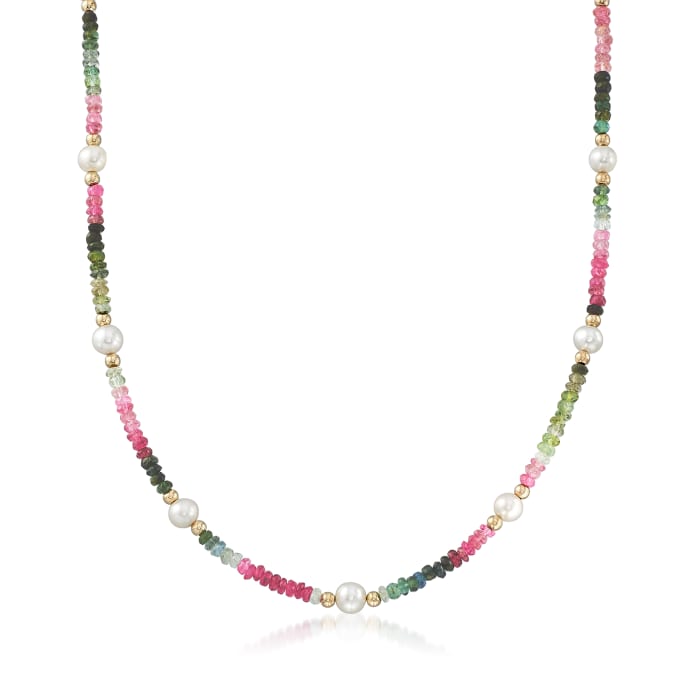 5.5-6.5mm Cultured Pearl and 29.00 ct. t.w. Multicolored Tourmaline Bead Necklace with 14kt Gold