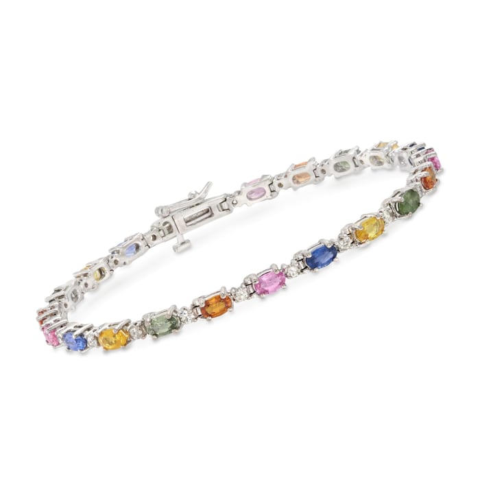 6.00 ct. t.w. Multicolored Sapphire and 1.00 ct. t.w. Diamond Tennis Bracelet in 14kt White Gold
