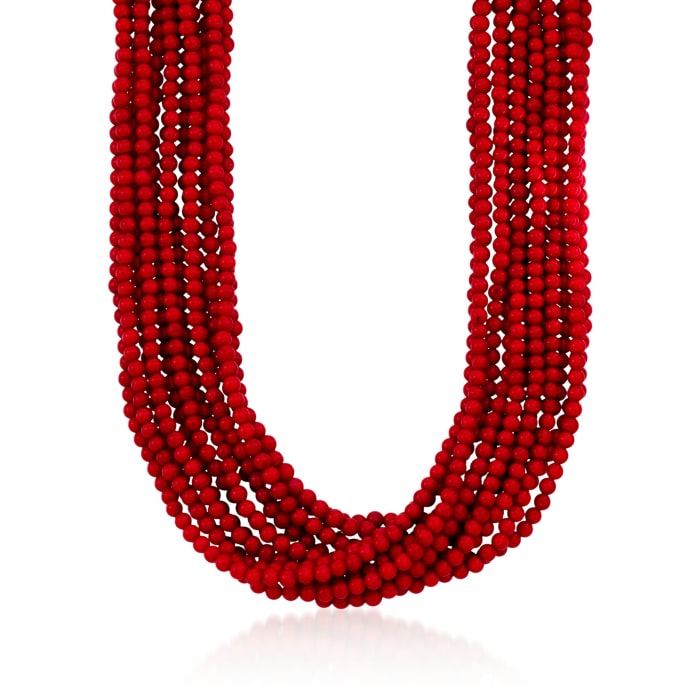 Multi-Strand Red Coral Bead Necklace in 18kt Gold Over Sterling Silver 