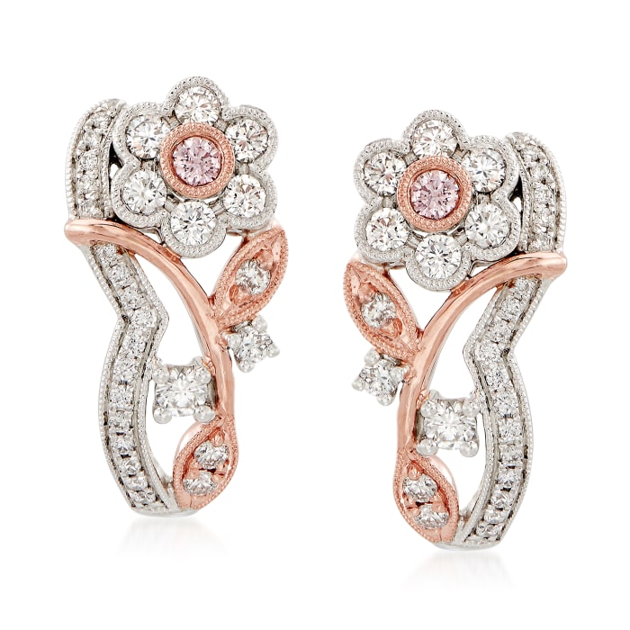 Simon G. .51 ct. t.w. White and Pink Diamond Floral Earrings in 18kt Two-Tone Gold