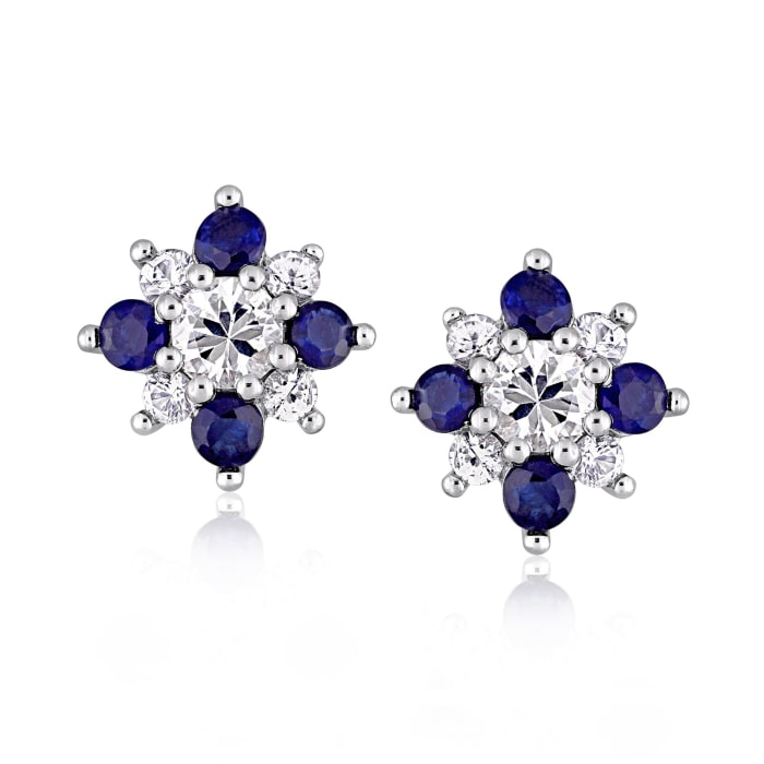 1.50 ct. t.w. White and Blue Sapphire Flower Earrings in 14kt White ...