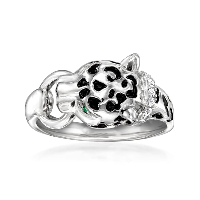 Charles Garnier Sterling Silver and Black Enamel Panther Ring with CZ and Simulated Emerald Accents