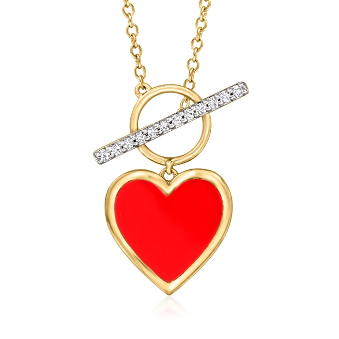 .10 ct. t.w. Diamond and Red Enamel Heart Toggle Necklace in 18kt Gold Over Sterling
