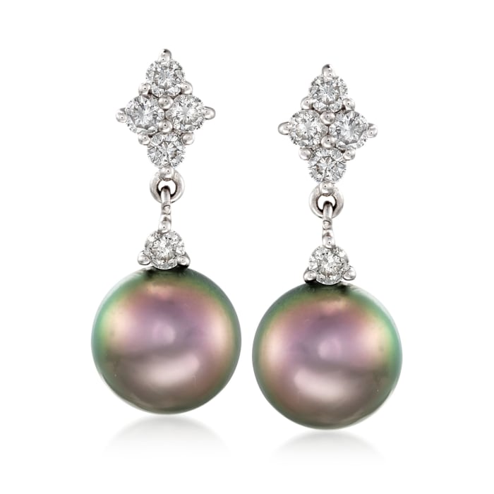 8-9mm Black Cultured Tahitian Pearl and .50 ct. t.w. Diamond Earrings in 14kt White Gold