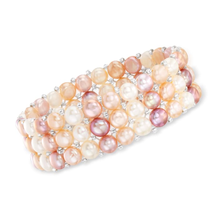 6-7mm Multicolored Cultured Pearl Three-Row Stretch Bracelet