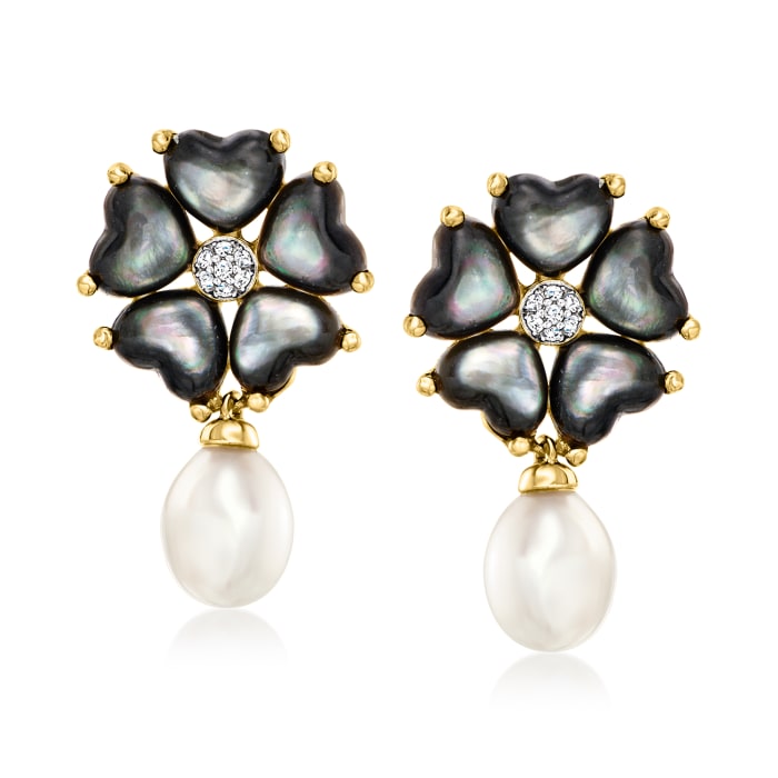 Black Mother-of-Pearl and 6-6.5mm Cultured Pearl Flower Drop Earrings with Diamond Accents in 18kt Yellow Gold Over Sterling