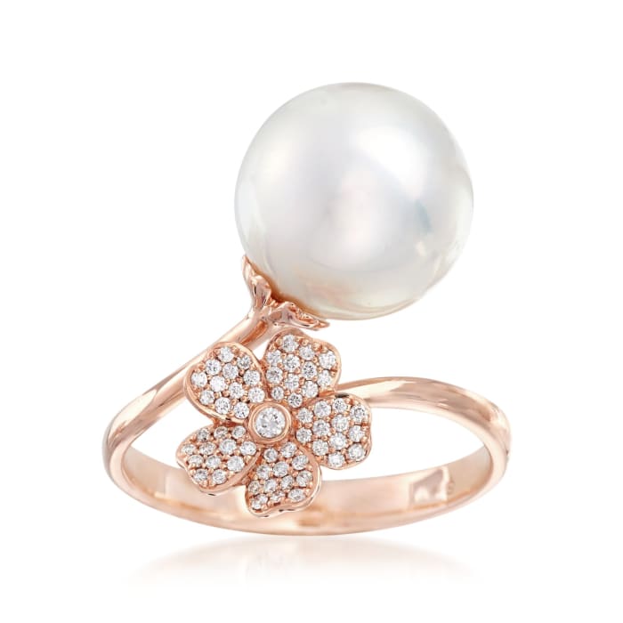 Mikimoto &quot;Cherry Blossom&quot; 11mm A+ South Sea Pearl and .14 ct. t.w. Diamond Floral Bypass Ring in 18kt Rose Gold