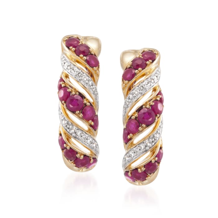 1.00 ct. t.w. Ruby and .10 ct. t.w. Diamond Twist Earrings in 18kt Gold Over Sterling