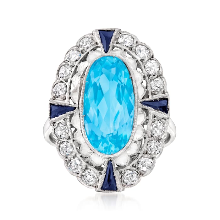 C. 1940 Vintage 4.20 Carat Swiss Blue Topaz, .65 ct. t.w. Diamond and .25 ct. t.w. Synthetic Sapphire Ring in 18kt White Gold