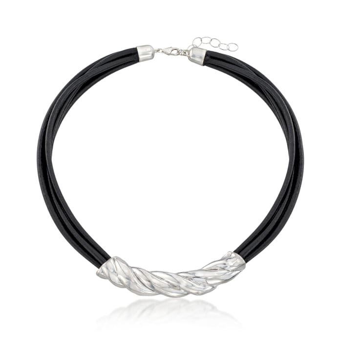 Sterling Silver Twist and Black Leather Cord Necklace