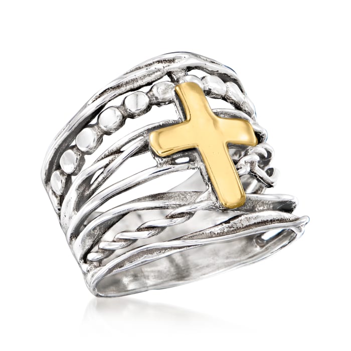 Sterling Silver and 14kt Yellow Gold Multi-Row Cross Ring | Ross-Simons