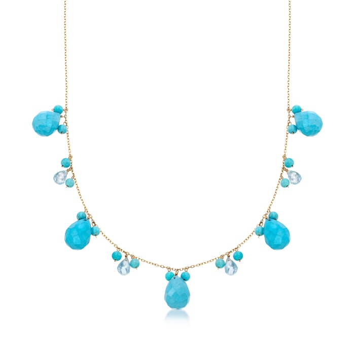 Magnesite and 4.80 ct. t.w. Blue Topaz Necklace with Turquoise in 14kt Yellow Gold