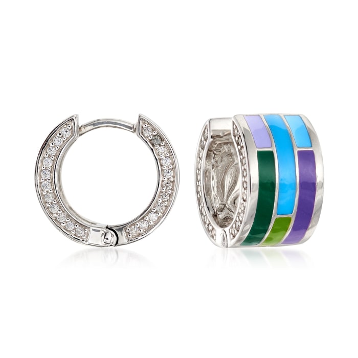 Belle Etoile &quot;Strata&quot; Blue and Purple Enamel and .11 ct. t.w. CZ Hoop Earrings in Sterling Silver