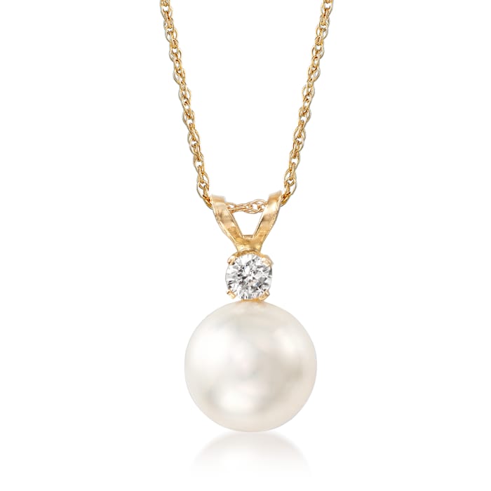8-8.5mm Cultured Akoya Pearl and Diamond Accent Necklace in 14kt Yellow Gold