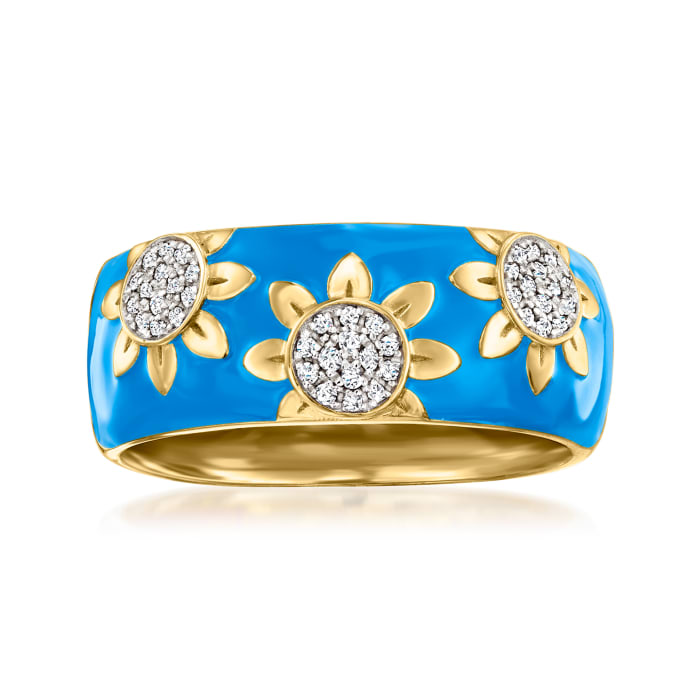 .10 ct. t.w. Diamond and Blue Enamel Flower Ring in 18kt Gold Over Sterling