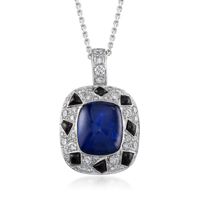 C. 1990 Vintage 6.00 Carat Sapphire, 1.10 ct. t.w. Diamond and Black Onyx Pendant Necklace in 14kt White Gold