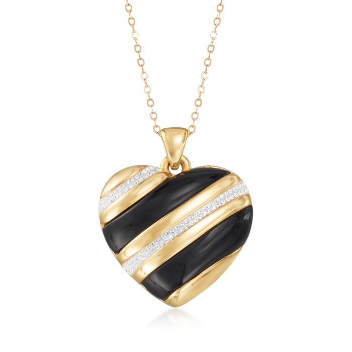Black Onyx and Rhinestone Heart Pendant Necklace in 14kt Yellow Gold Over Resin