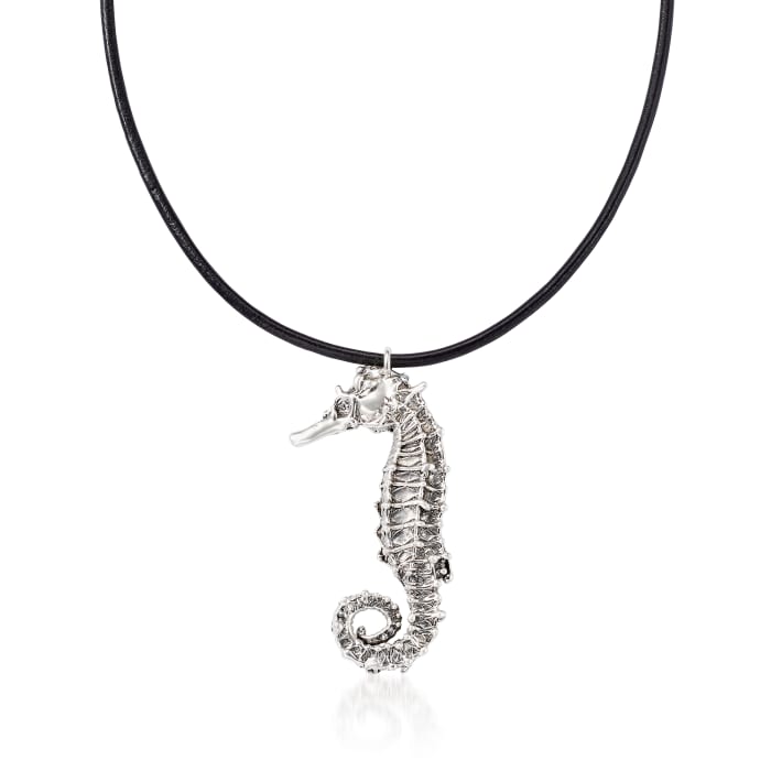 Sterling Silver Seahorse Necklace with Black Leather Cord