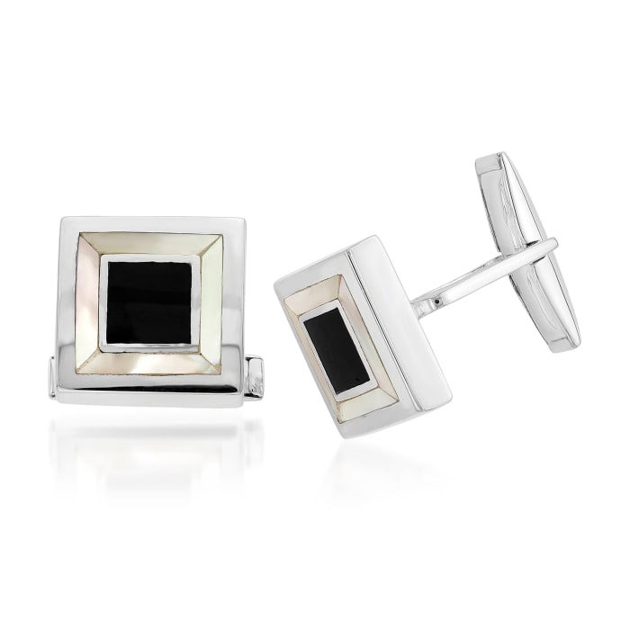Mother-of-Pearl and Black Enamel Cuff Links in Sterling Silver