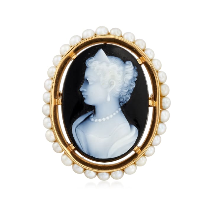 C. 1970 Vintage Cultured Pearl and Black Agate Cameo Pin/Pendant in 14kt Yellow Gold