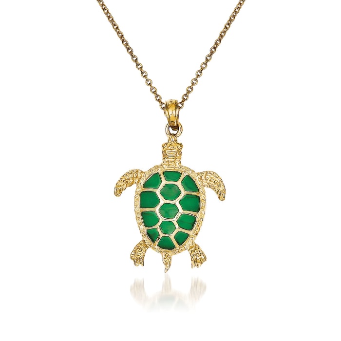 14kt Yellow Gold Sea Turtle Pendant Necklace with Green Acrylic