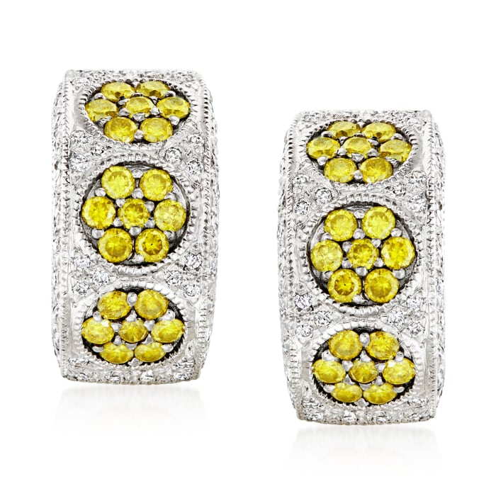 C. 1990 Vintage 2.00 ct. t.w. Yellow and White Diamond Flower Curved Earrings in 14kt White Gold